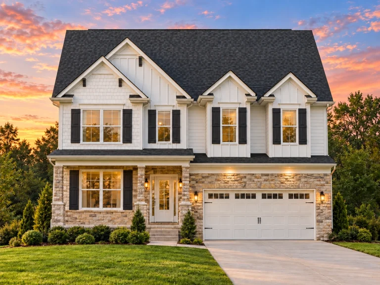 Front elevation of a New American Traditional house featuring board and batten siding, stone accents, gabled rooflines, and an attached two-car garage
