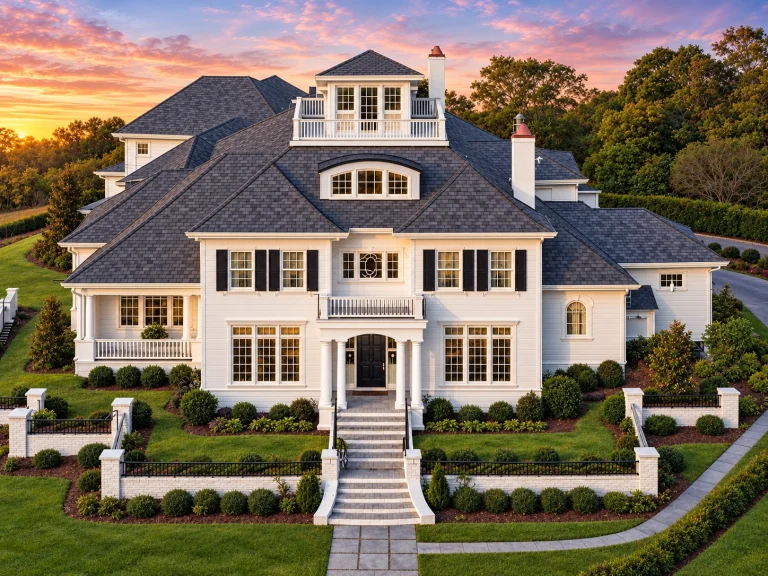 Front elevation of a Colonial Georgian style home with coastal influence, featuring wood shingle siding, symmetrical windows, central entry, and manicured lawn