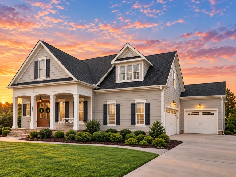 Mid-Size House Plans 14 Front elevation of Southern Farmhouse style house with white horizontal lap siding, gabled rooflines, black shutters, and wide covered wraparound porch