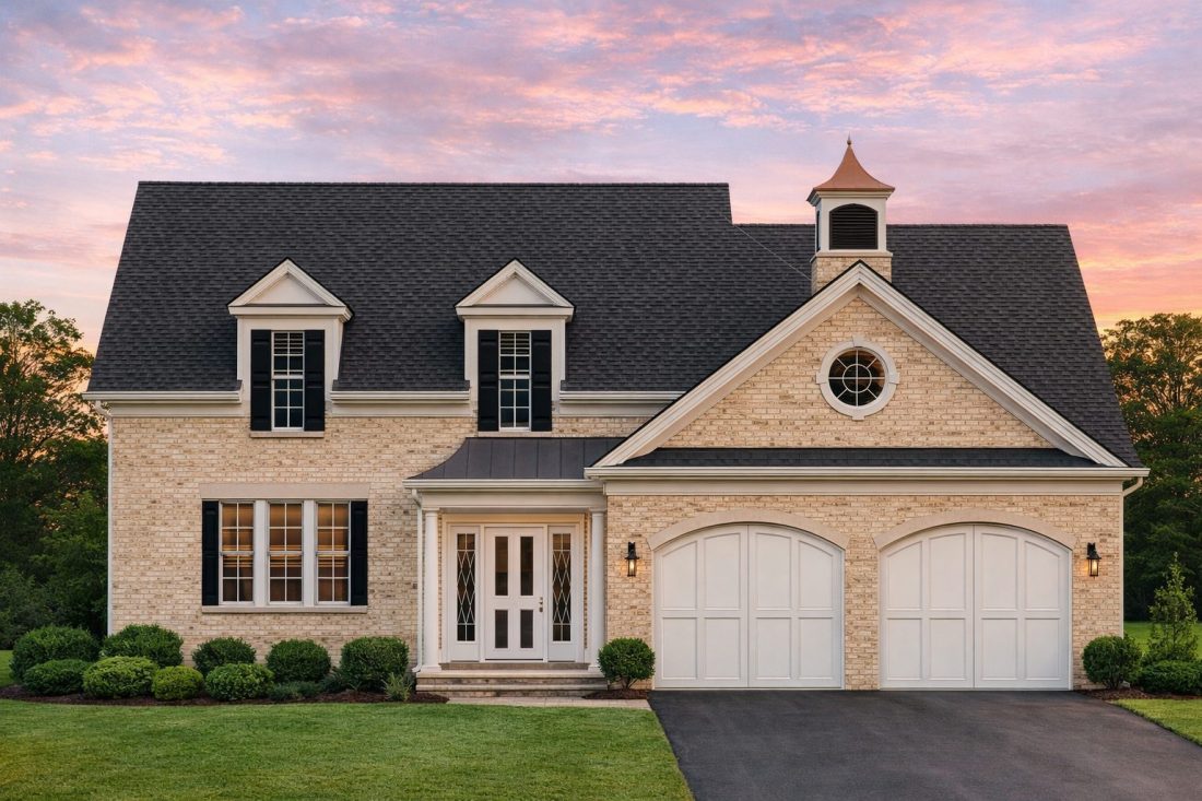 Front elevation of French Country style home with painted brick exterior, arched wood garage doors, and classic dormer windows