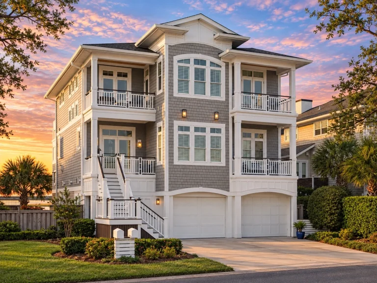 Front elevation of a three-story coastal beach house with horizontal lap siding, shingle accents, stacked balconies, and two-car garage below