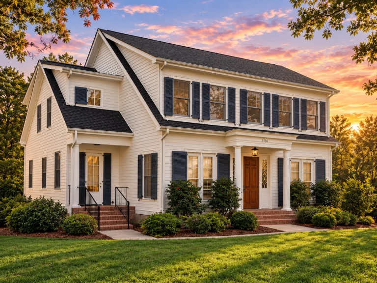 SEO Friendly Alt Text: Front elevation of a Colonial Revival style home with white lap siding, black shutters, and a centered entry porch
