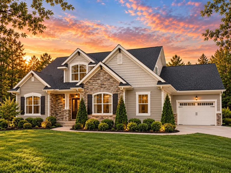 Front elevation of a New American style home featuring horizontal lap siding, stone accents, gabled rooflines, and an attached garage