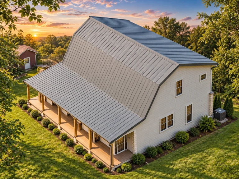 Front elevation of a rustic cabin style home featuring natural log siding, symmetrical windows, and a simple gable roof design