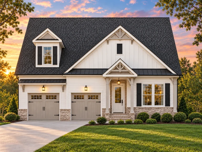 Front view of modern farmhouse home with board and batten siding, gabled rooflines, covered porch, and two-car garage