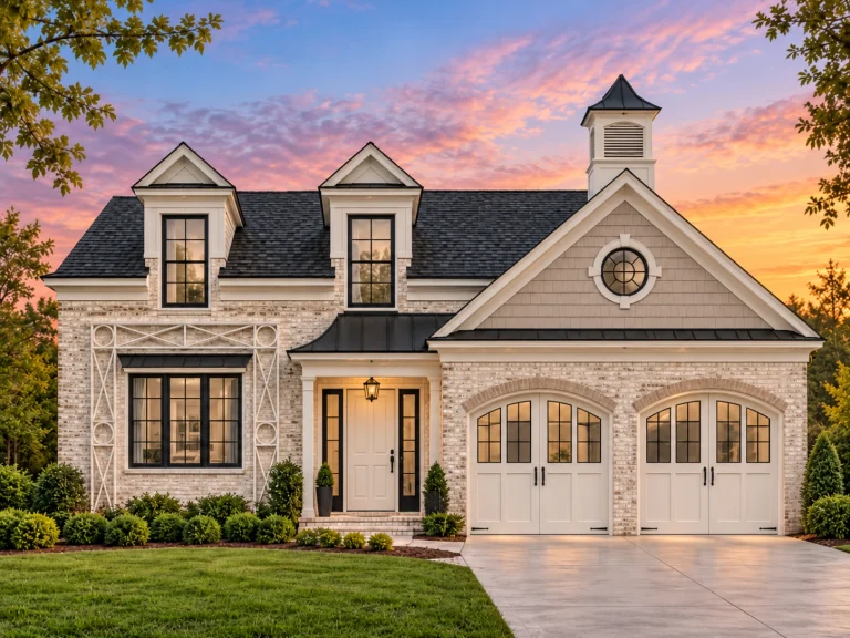 Front elevation of French Country style home with painted brick exterior, arched wood garage doors, and classic dormer windows