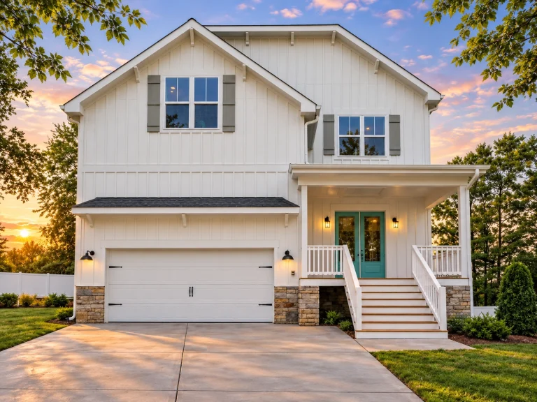 Top Designer-Approved House Plans 18 Front elevation of a modern farmhouse style home featuring board and batten siding, stone foundation accents, covered porch, and attached two-car garage