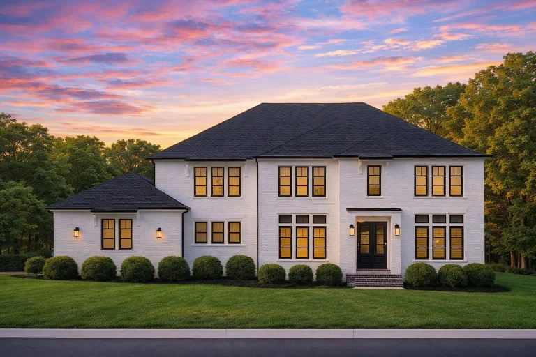 Front elevation of a two-story Neoclassical Georgian style house with symmetrical windows, central entry, and smooth white stucco exterior at sunset