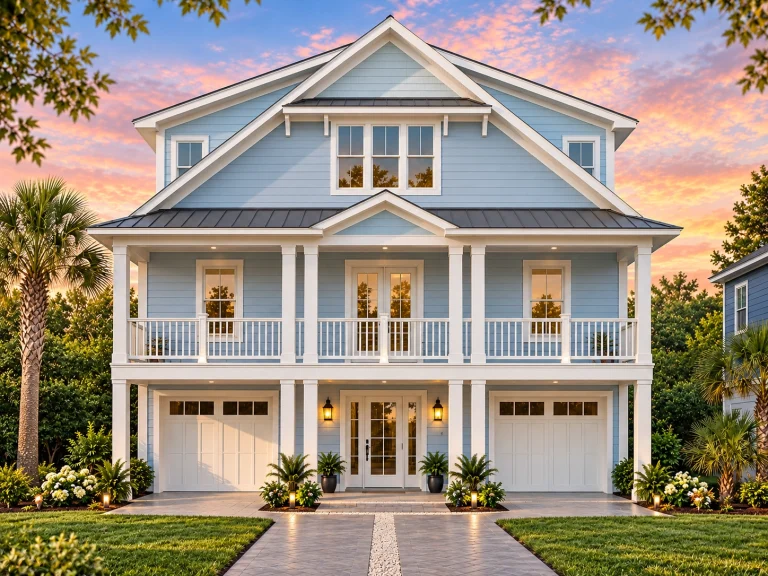 Front elevation of a coastal beach house featuring elevated construction, covered porches, horizontal siding, and symmetrical coastal architecture