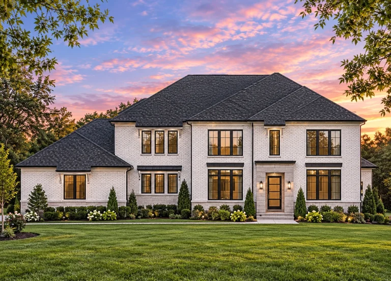 Front elevation of a two-story Neoclassical Georgian style house with symmetrical windows, central entry, and smooth white stucco exterior at sunset
