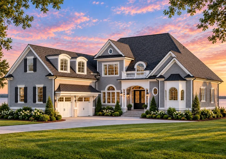 House Plans with Fireplace 19 Front elevation of a French Country Traditional style home featuring a full brick exterior, arched windows, black shutters, and steep gabled rooflines
