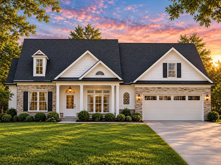 House Plans with Fireplace 7 Front view of a Traditional Cape Cod style home featuring horizontal lap siding, gable dormers, and a welcoming covered porch entry with symmetrical design.