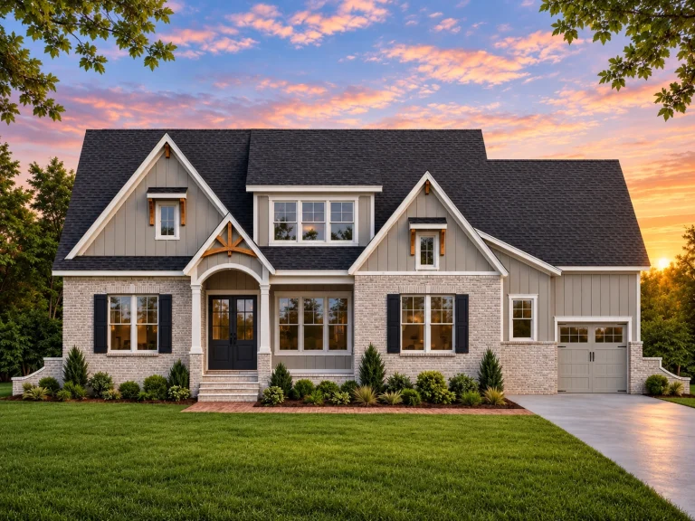 Front view of Modern Farmhouse style home featuring white board and batten siding, light brick base, black windows, and dark shingle roof