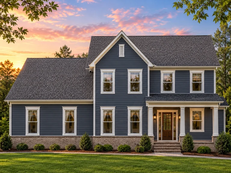 House Plans with Fireplace 6 Front elevation of a Traditional Colonial style house featuring horizontal lap siding, black shutters, and a brick foundation accent with a covered entry porch.