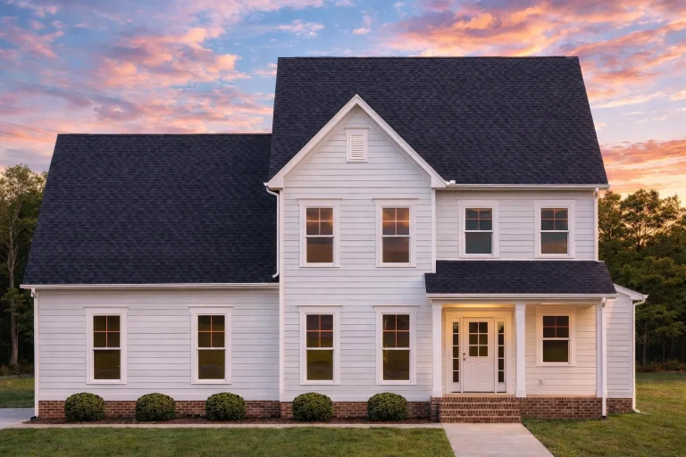 Front elevation of a Traditional Colonial style house featuring horizontal lap siding, black shutters, and a brick foundation accent with a covered entry porch.