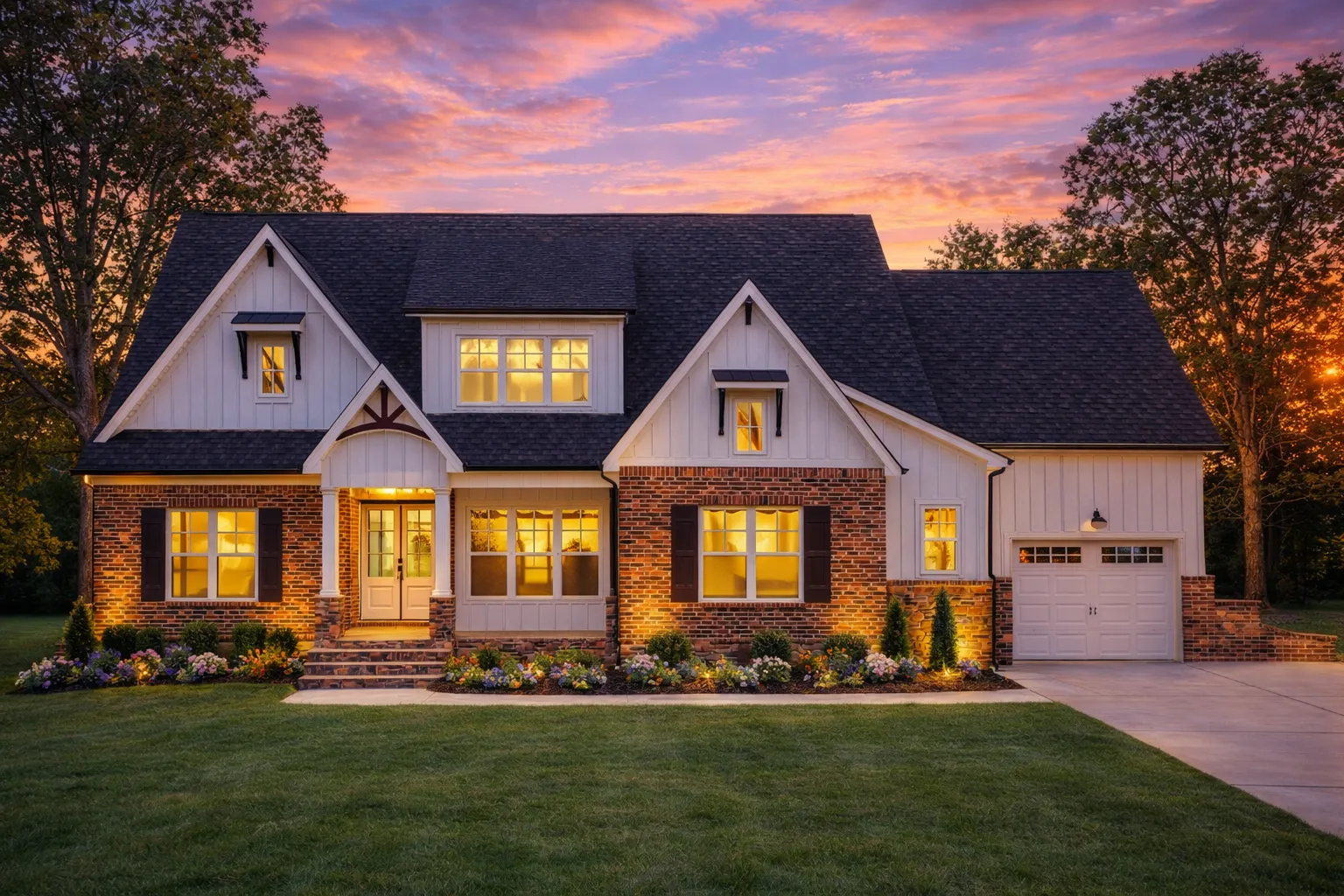 Front view of Modern Farmhouse style home featuring white board and batten siding, light brick base, black windows, and dark shingle roof