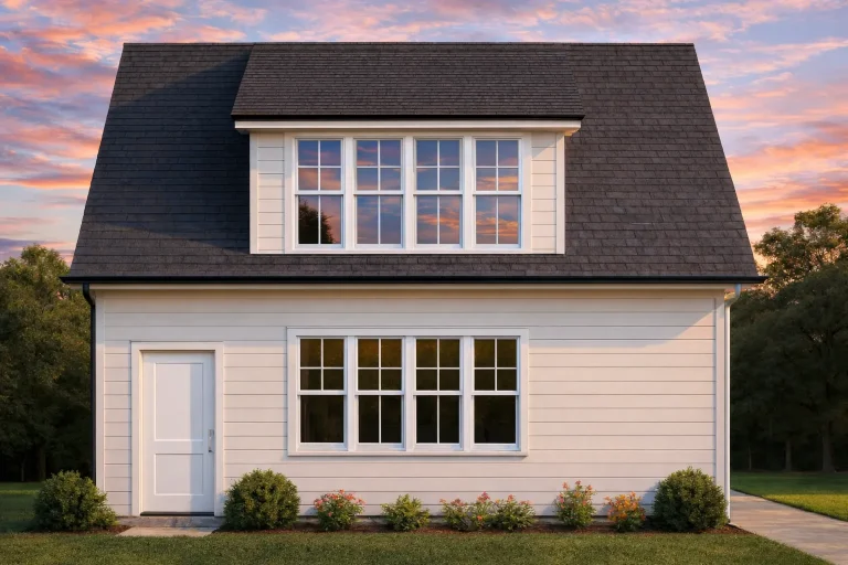 Front elevation of a Cape Cod Cottage style home featuring steep gable roof, shed dormer, and horizontal lap siding