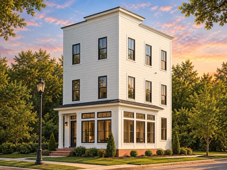 Front elevation of an Urban Contemporary 3-story townhouse with clean lines, horizontal siding, and narrow-lot proportions suited for city living