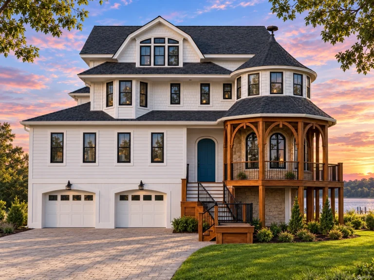 Covered Front Porch House Plans 22 Front elevation of a Shingle Style coastal house with cedar shingle siding, elevated garage, wraparound porch, turret detail, and classic seaside architecture