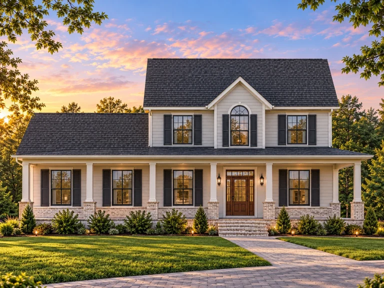 Front elevation of a Traditional Colonial home featuring beige horizontal siding, black shutters, brick foundation, and a symmetrical 2-story design with centered entryway.