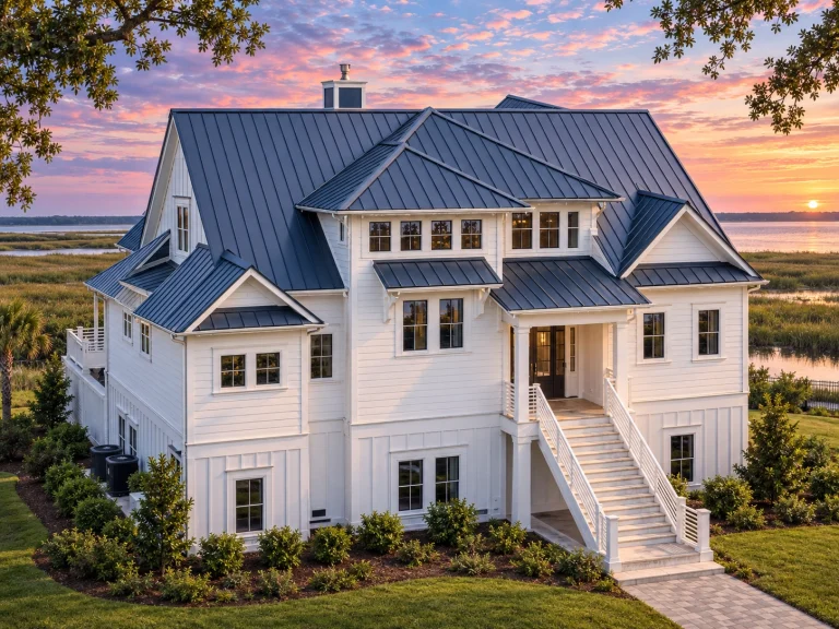 Front elevation of a New American Coastal Traditional style house featuring board and batten siding, shingle accents, stone details, and symmetrical Colonial-inspired architecture