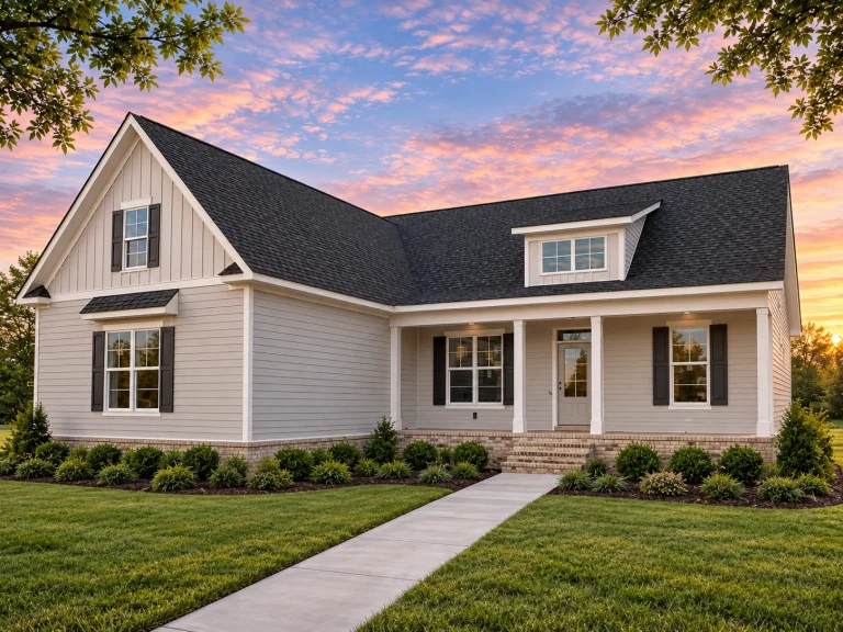 Front view of a Modern Farmhouse Ranch style home featuring board and batten siding, gabled rooflines, brick foundation, and charming curb appeal.