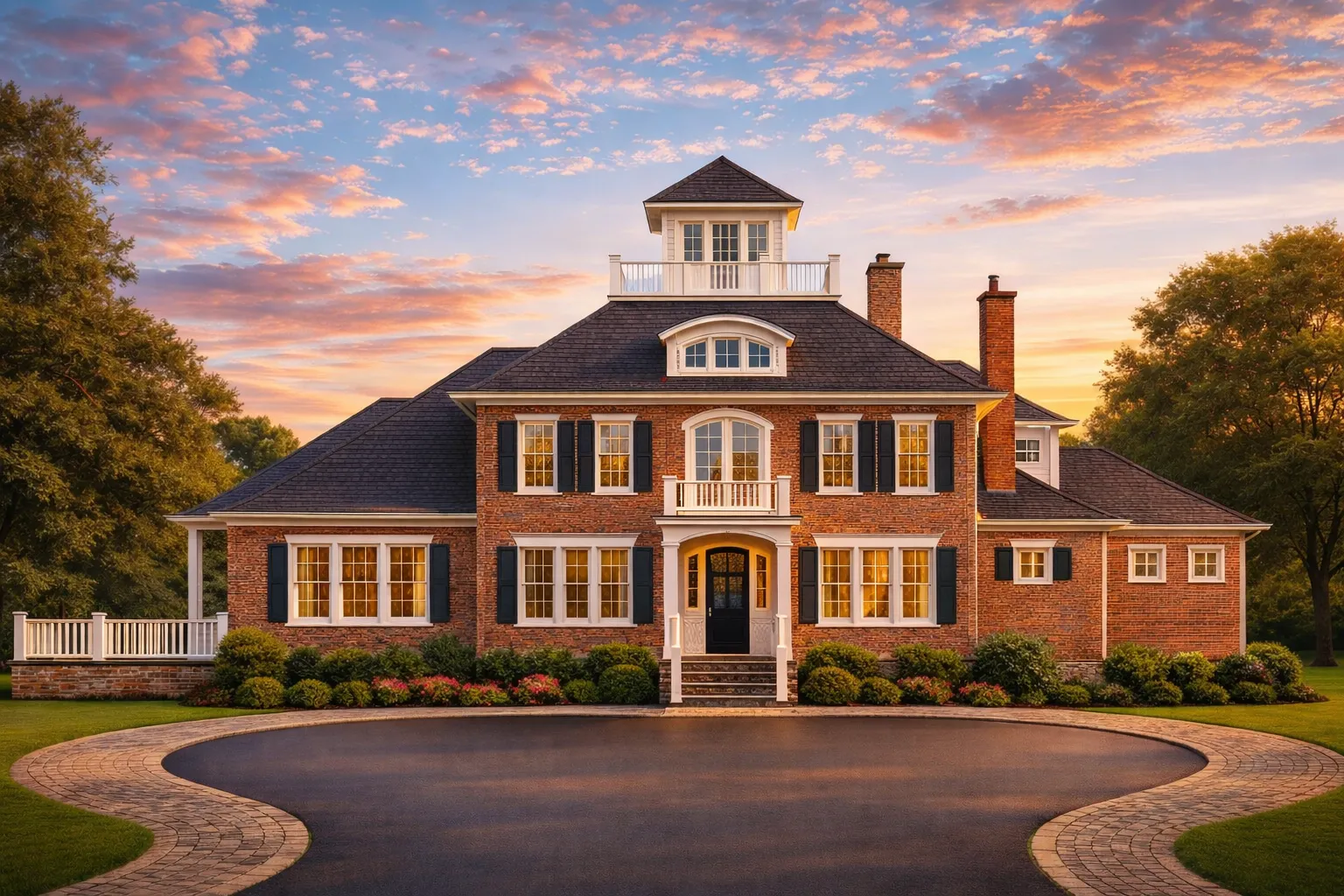 Bungalow House Plans 7 Front elevation of a Colonial Georgian style home with coastal influence, featuring wood shingle siding, symmetrical windows, central entry, and manicured lawn
