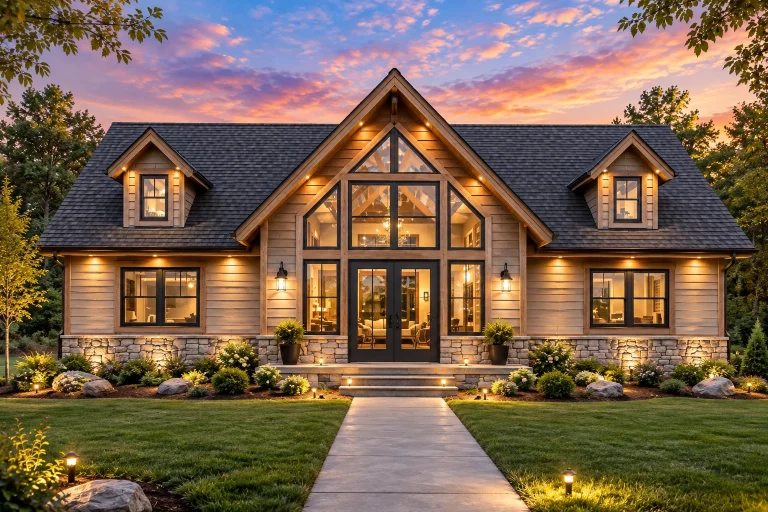 House Plans with Second Floor Laundry Room 15 Front elevation of a Craftsman cabin-style house featuring natural wood siding, stone foundation, and large gabled windows