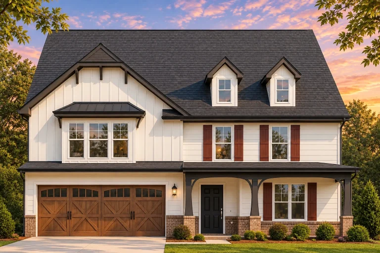 Front elevation of a Modern Farmhouse with board and batten siding, brick base, dark roof, and wood garage doors showcasing transitional architectural design.