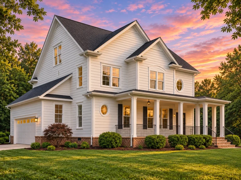 Front exterior view of a Coastal Traditional Low Country style home with horizontal siding, raised brick foundation, covered porch, and Colonial Revival details