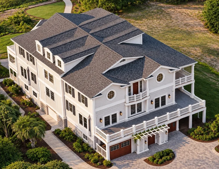 Victorian House Plans 1 Aerial view of a Coastal Traditional home featuring shingle style siding, elevated foundation, expansive balconies, and classic Low Country architecture