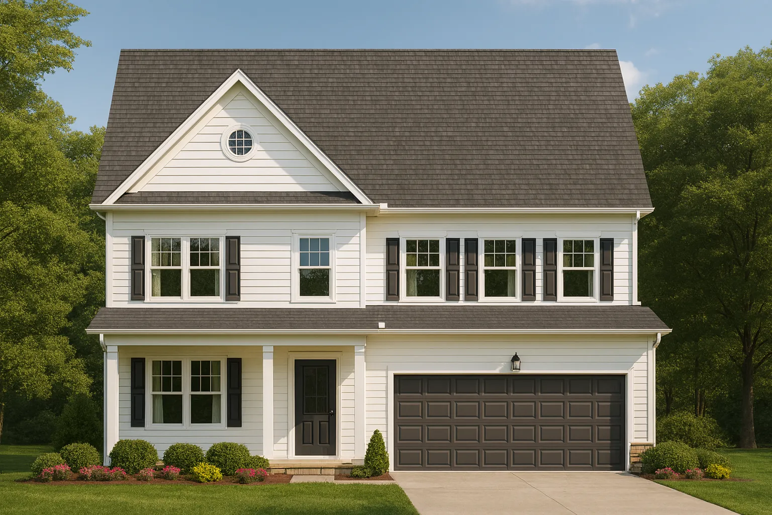Front view of a Traditional Colonial style home featuring white horizontal siding, black shutters, a dark gray shingle roof, and a two-car garage.