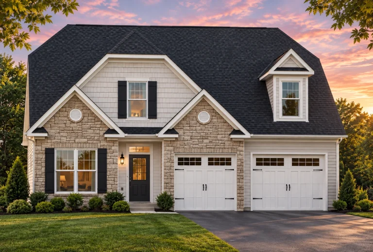 Front view of Modern Farmhouse home featuring a mix of board-and-batten and horizontal lap siding with stone accents, dark trim, and gable rooflines