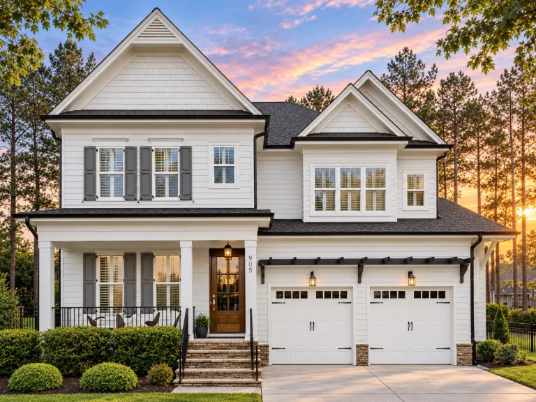 Front elevation of a New American style two-story home with horizontal lap siding, shake accents, covered porch, and attached two-car garage