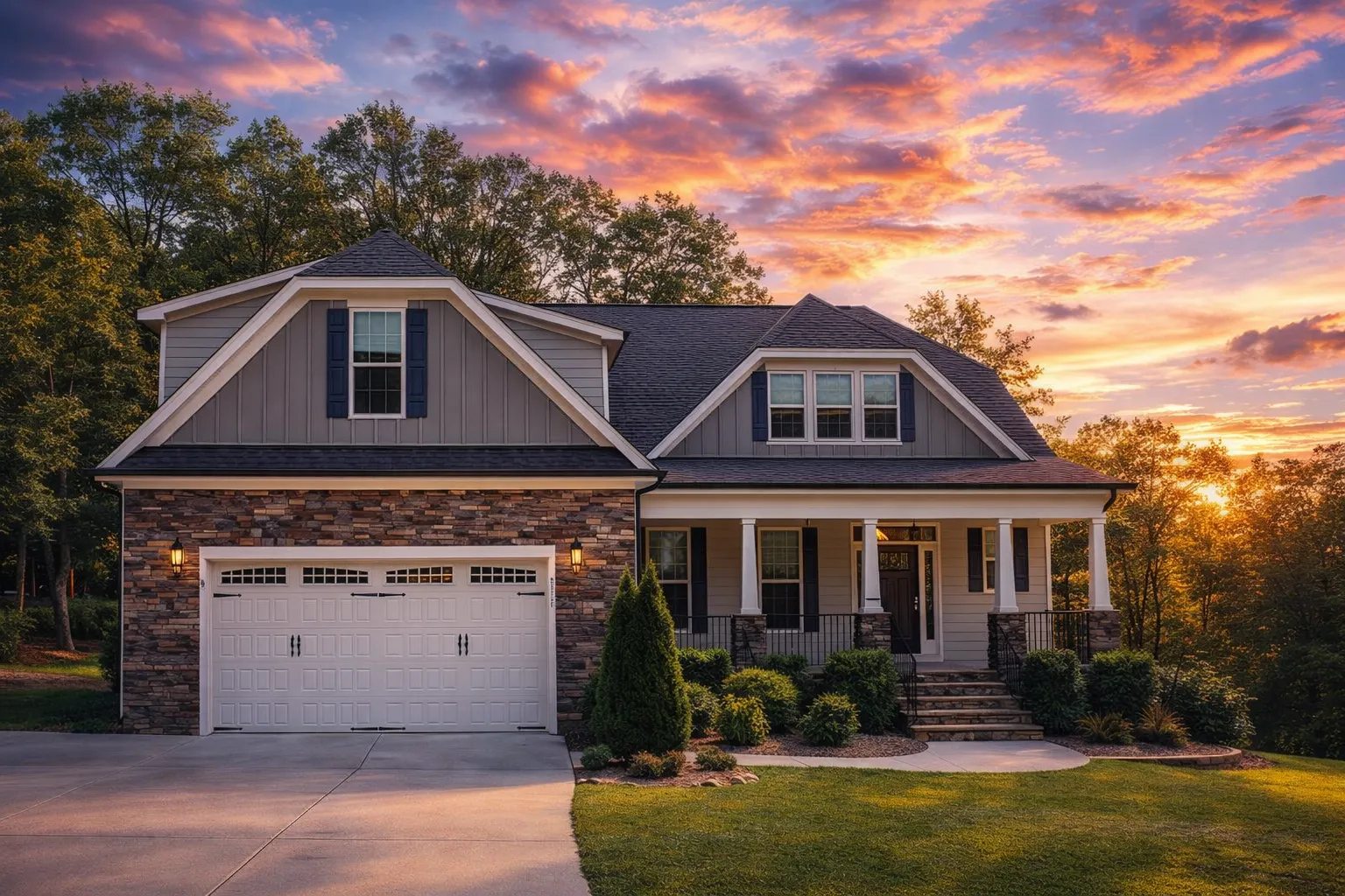 Front exterior view of a New American modern traditional house with board and batten siding, stone accents, and covered front porch
