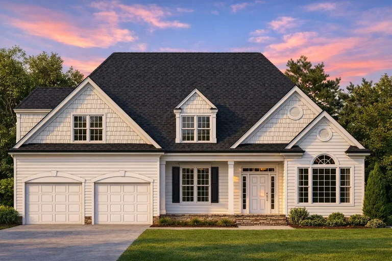 Front elevation of a New American modern traditional home with brick and horizontal siding, gabled rooflines, and two-car front-entry garage