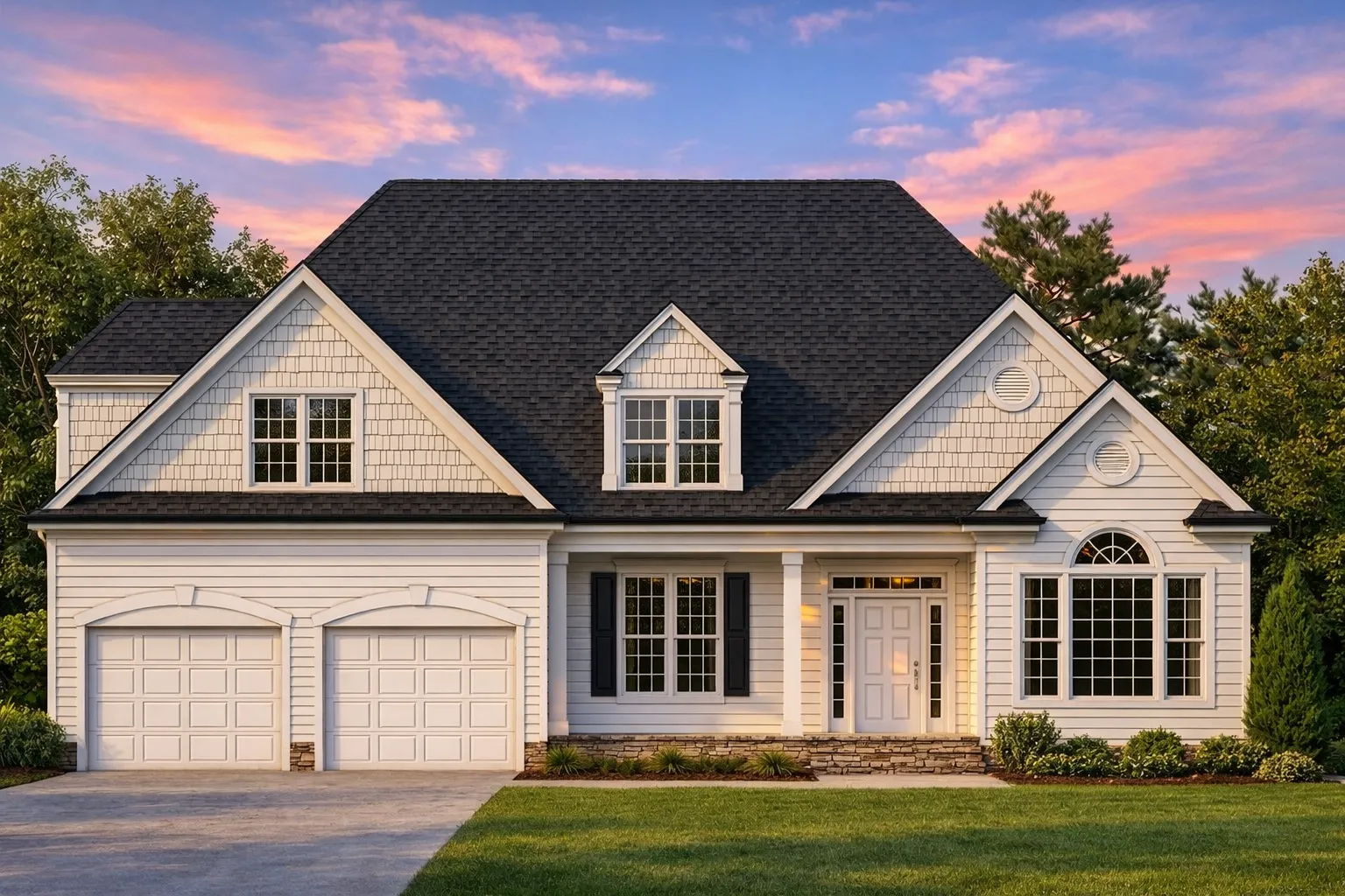 Coastal House Plans 25 Front elevation of a New American modern traditional home with brick and horizontal siding, gabled rooflines, and two-car front-entry garage