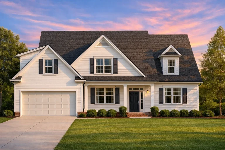 Front elevation of a Traditional New American style house with horizontal siding, symmetrical windows, gabled roof, and attached two-car garage