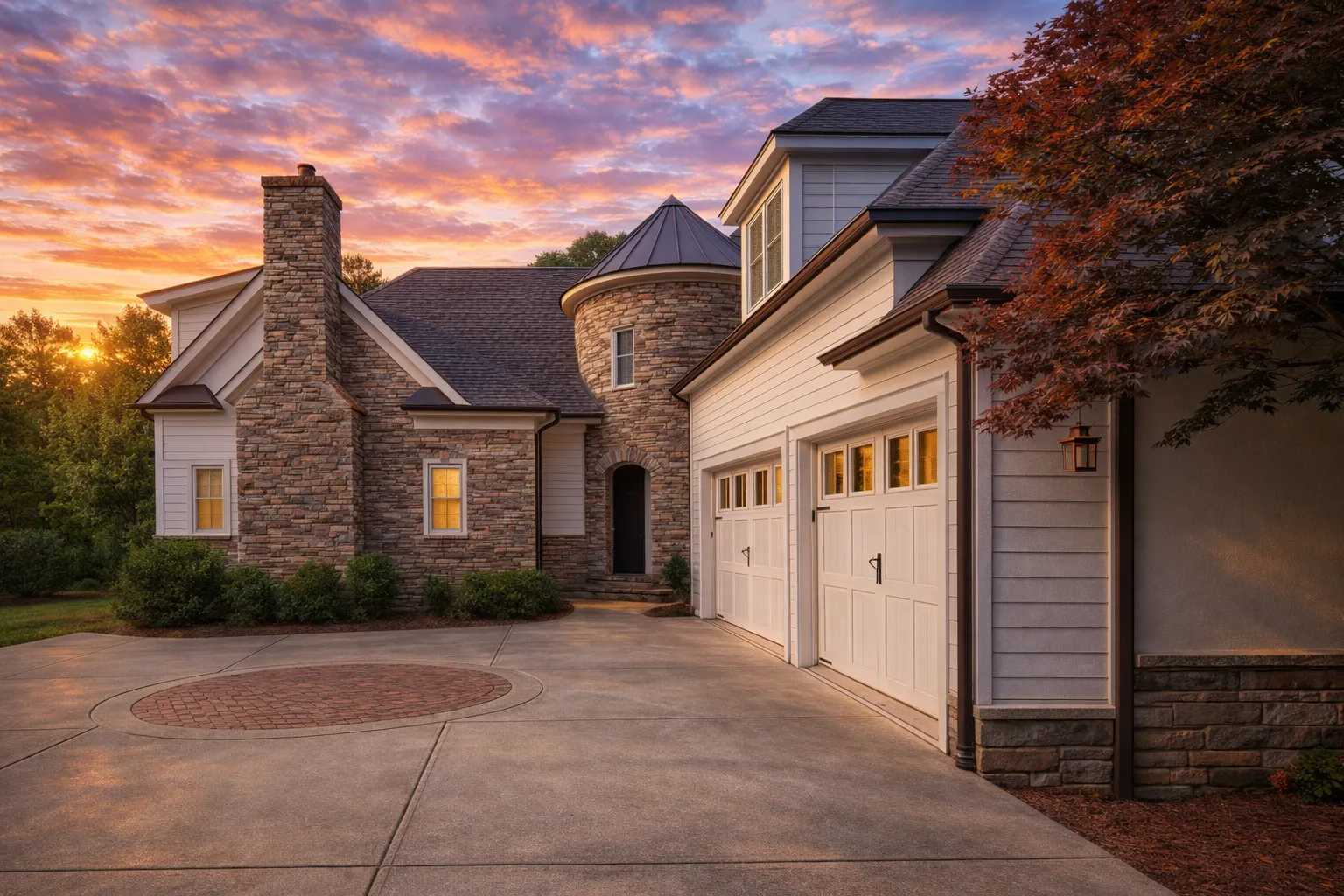 Front exterior of a French Country style luxury home with stone facade, lap siding, turret-style entry, and side-entry garage