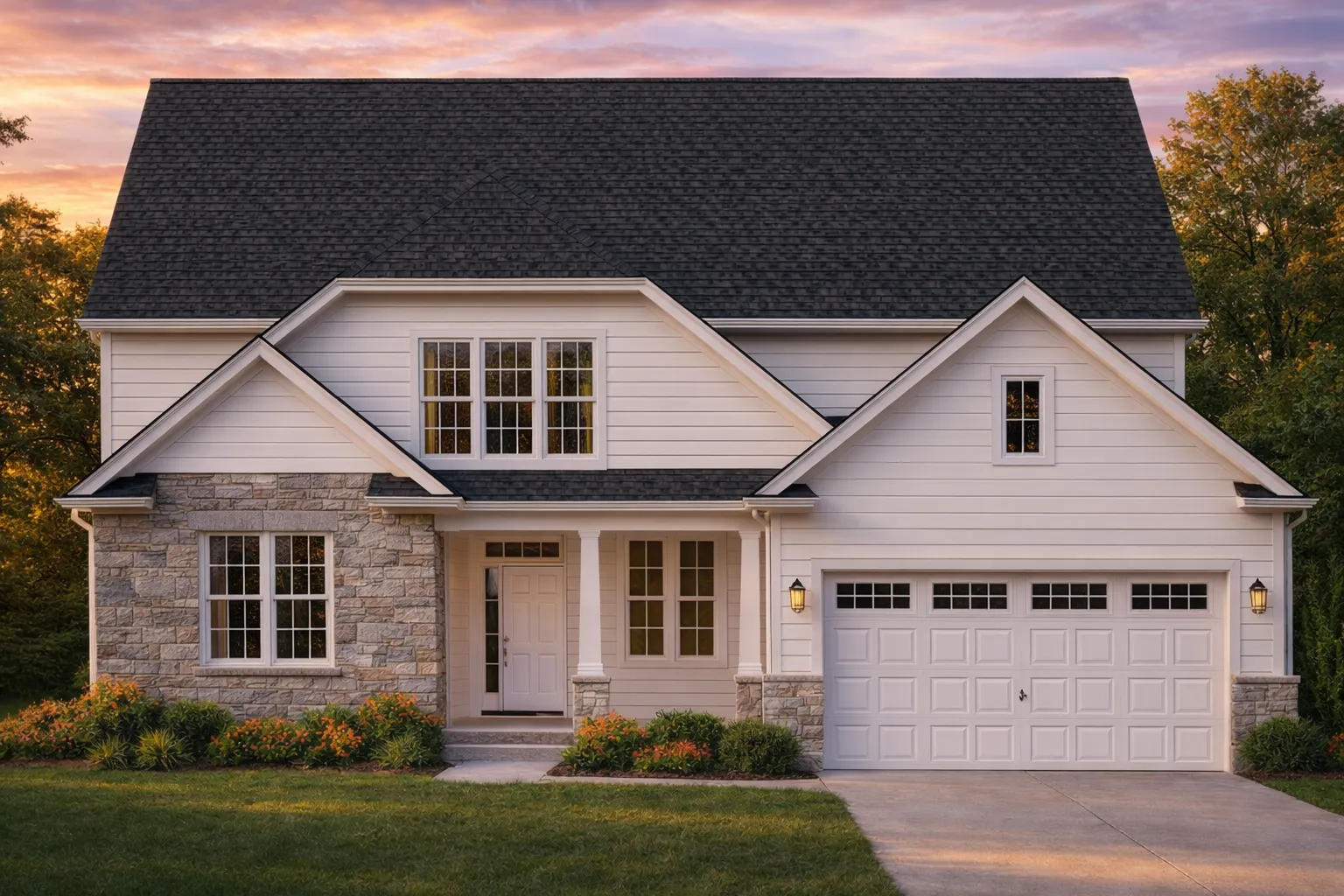 Front view of a Traditional Colonial Craftsman style house featuring stone and horizontal siding, gabled rooflines, and a welcoming front porch entry