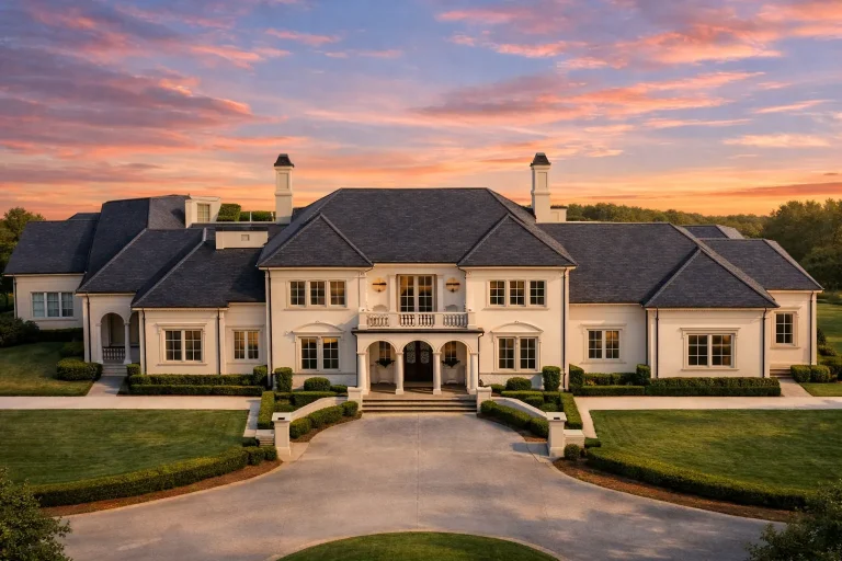 House Plans 13 Front elevation of a Neoclassical style luxury home featuring symmetrical Georgian design, stucco exterior, arched windows, and formal entry