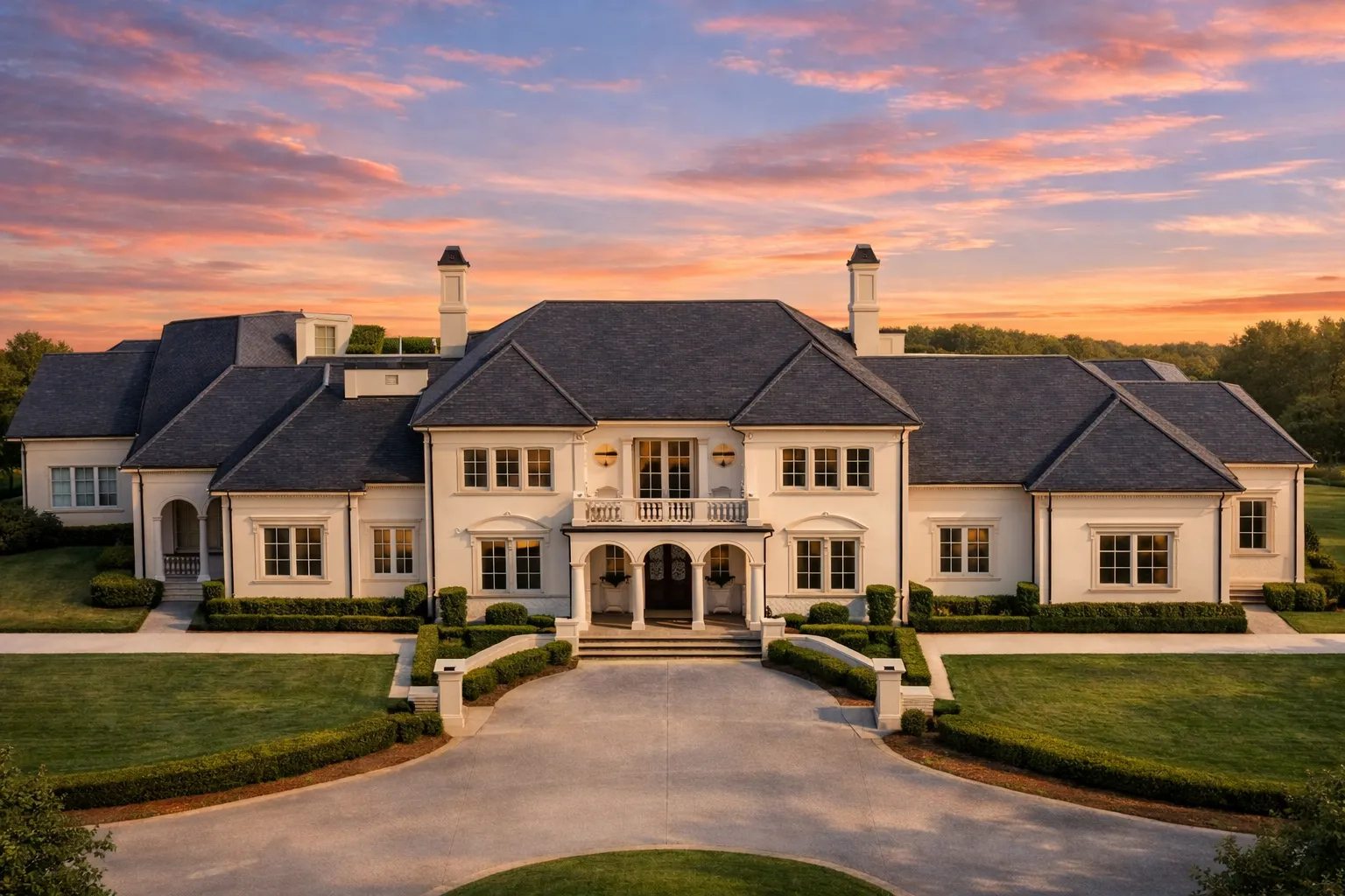 Front elevation of a Neoclassical style luxury home featuring symmetrical Georgian design, stucco exterior, arched windows, and formal entry