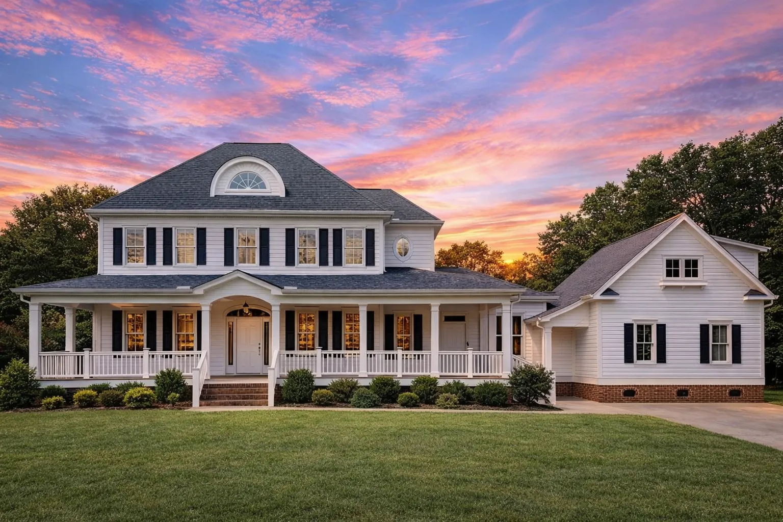 Front exterior of a Southern Colonial style home featuring horizontal siding, brick foundation, wraparound porch, and symmetrical windows