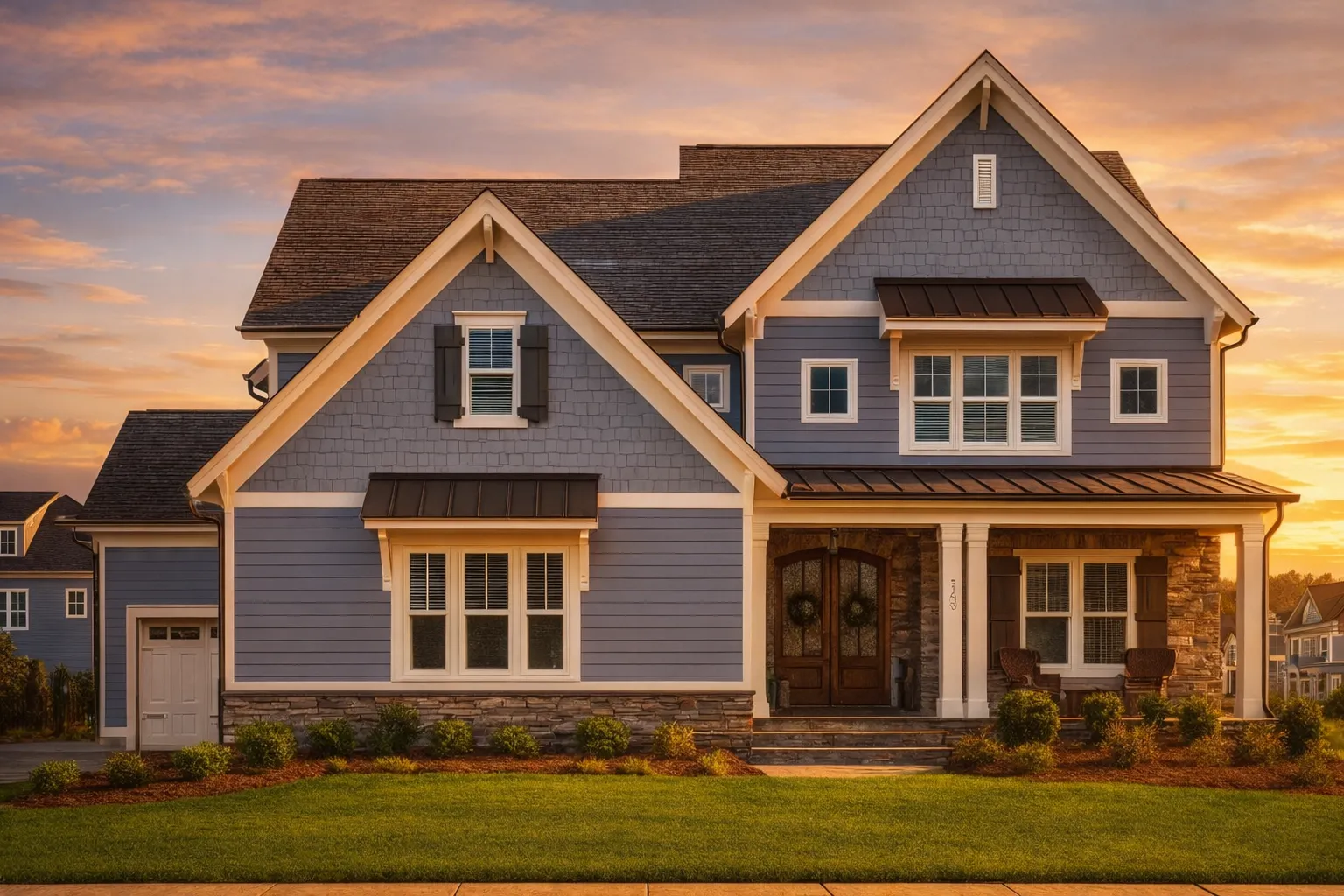 Front elevation of a New American Coastal Traditional style home with blue horizontal siding, stone foundation accents, white trim, and a covered front porch