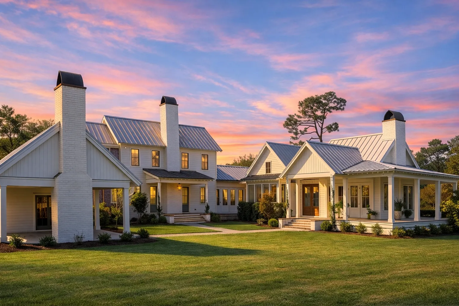 Front elevation of a Southern Farmhouse featuring a brick and board-and-batten exterior, metal roof, and wraparound porch with classic columns