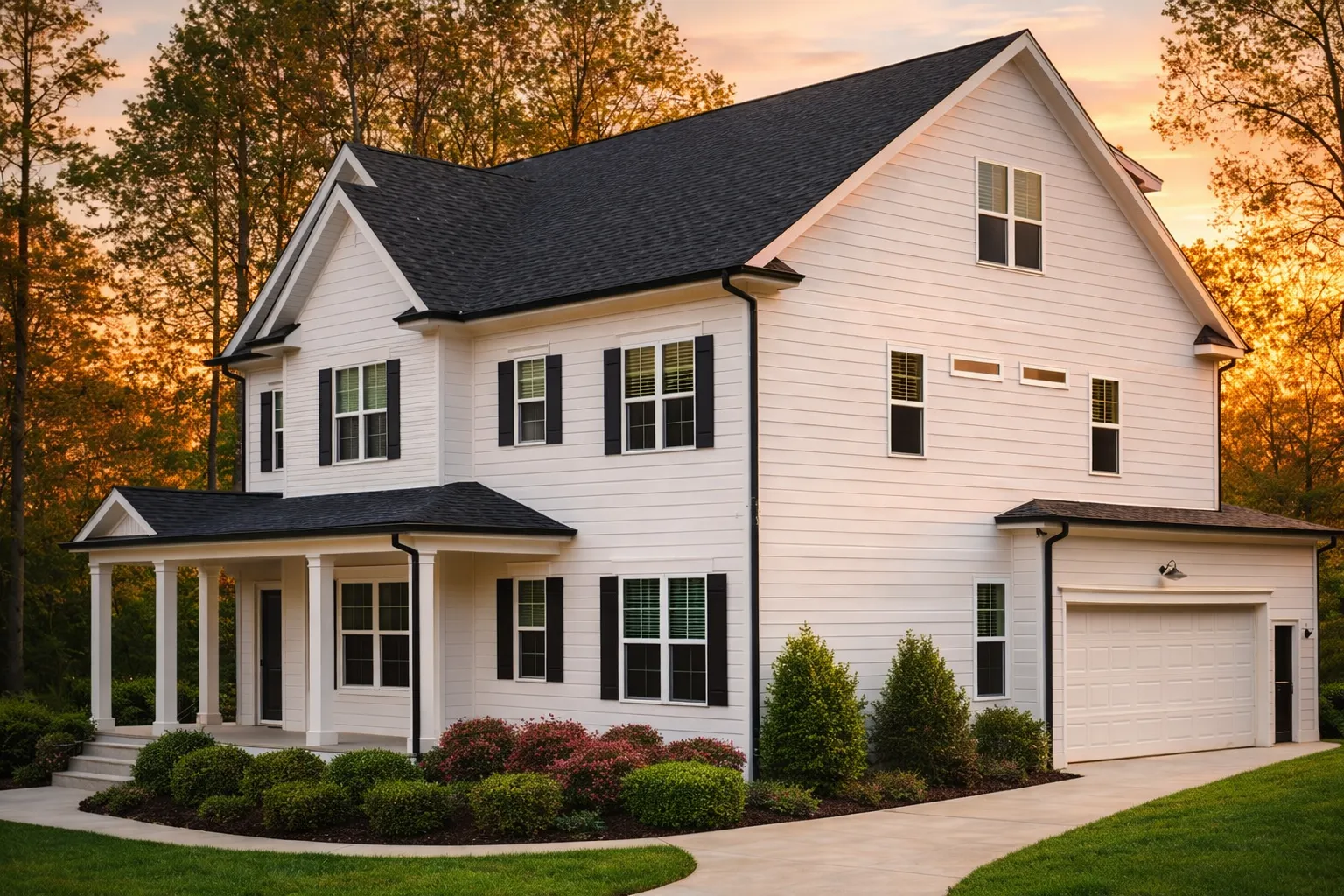 Front exterior view of a New American modern farmhouse style home with white horizontal siding, black shutters, gabled rooflines, and an attached garage