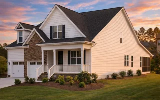 Front elevation of a New American Cape Cod style house featuring stone veneer, horizontal siding, gabled rooflines, and an attached two-car garage
