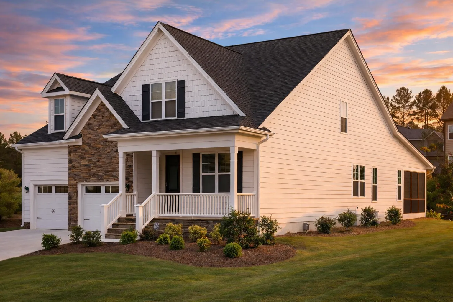 Front elevation of a New American Cape Cod style house featuring stone veneer, horizontal siding, gabled rooflines, and an attached two-car garage