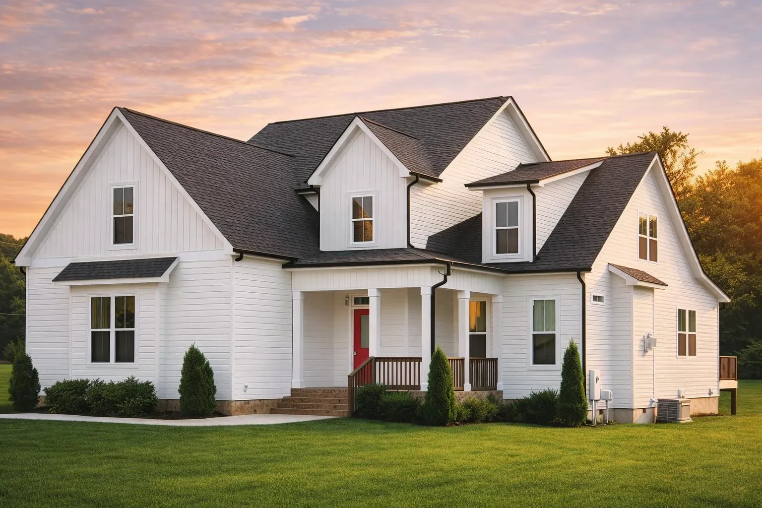 Front elevation of a modern farmhouse style home featuring white board and batten siding, steep gable roof, black windows, and covered front porch