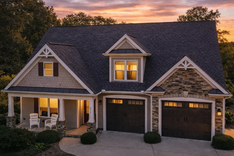 Front elevation of a Traditional Craftsman Farmhouse featuring horizontal siding, board and batten gables, and stone accents with twin garage doors